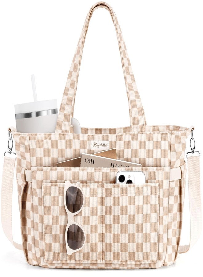 Bagstellar Corduroy Tote Bag for Women, 17 Pockets Laptop Work Tote Lightweight Teacher Nurse Bible Shoulder Bag for School Daily Travel - Image 1